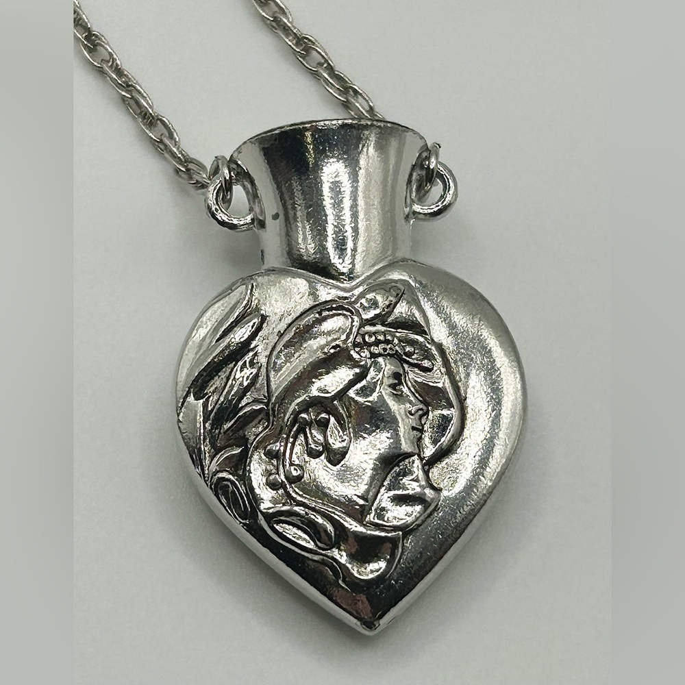 Vintage Art Nouveau Heart Vase Pendant with Woman Face on Silver Tone Necklace